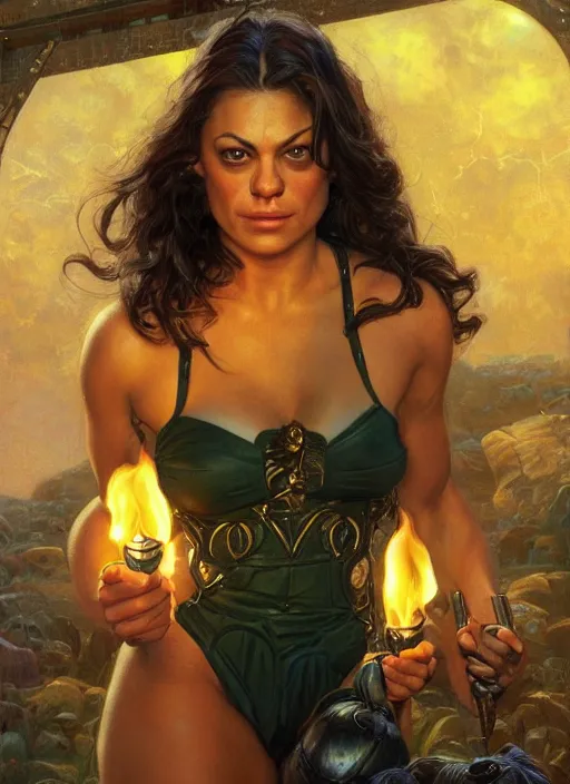 Prompt: portrait of a very muscled Mila Kunis as a heroine staring into the camera, torches and fireflies, artstation, intricate, elegant, highly detailed, art by Donato Giancola, Joseph Christian Leyendecker, WLOP, Boris Vallejo, Artgerm