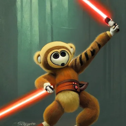 Prompt: Cartoon character Cheburashka holding a lightsaber, artstation, concept art, sharp focus, illustration, art by greg rutkowski and alphonse mucha