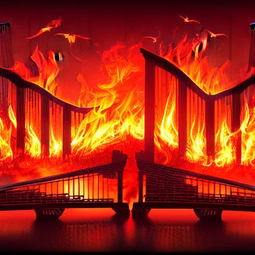 Image similar to in the lower part of the picture is the harp burning in the fire, above are cranes flying in flames, digital painting, concept art