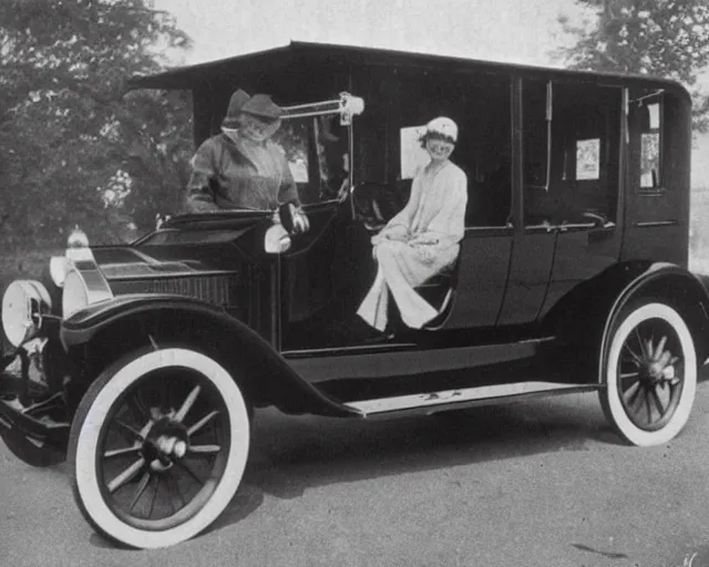 Prompt: 1 9 2 0 s photo of a person standing next to a tesla car