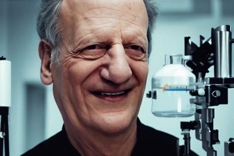 Prompt: an ultra realistic cinematic portrait of an evil male scientist smiling, stood in a lab, detailed, deep focus, movie still, dramatic lighting, by werner herzog