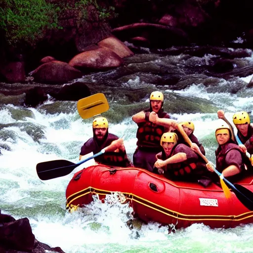 Prompt: Brian Blessed river rafting but the water is made of blood, highly detailed, HD, photograph, 35mm, award winning