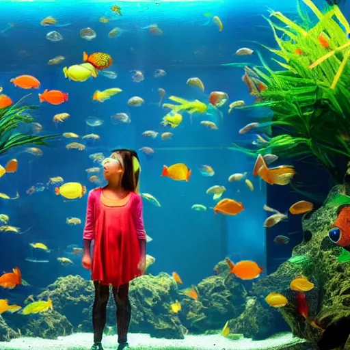 Image similar to girl head in a aquarium, lights caustic, tropical fish, surreal photography