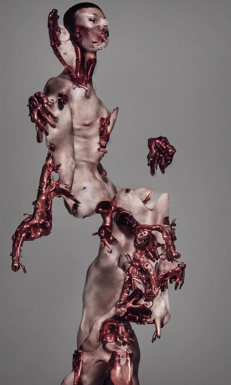 Image similar to Arca album cover, Arca emerging from the fog, Arca with opal flesh and mechanical instrument limbs