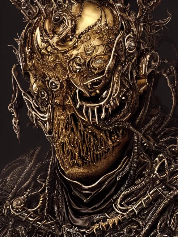 Image similar to portrait art of 8k ultra realistic undead eldritch horror corrupted vampire king, ornate gold crown , detailed intricate ornate armour,decaying, cybernetic, full of colour, cinematic lighting, battered, trending on artstation, 4k, hyperrealistic, focused, extreme details,unreal engine 5, cinematic, masterpiece, art by ayami kojima, giger