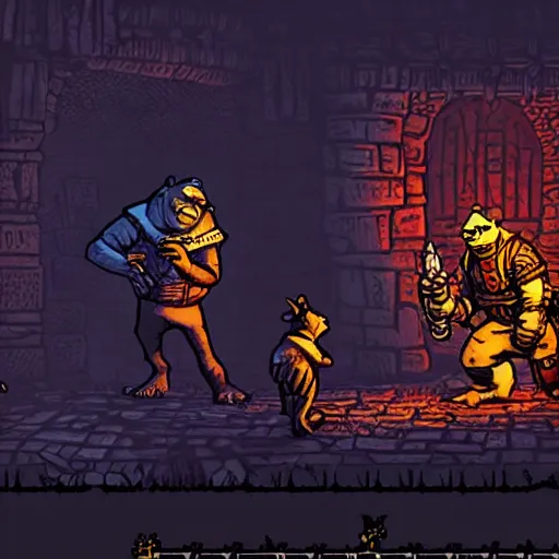 Prompt: shrek in darkest dungeon, screenshot from the game, highly detailed, dark atmosphere, concept art