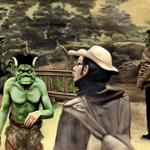 Image similar to two men having a conversation in the foreground being watched by a ffat, green orc in the background, kubrick stare, digital art