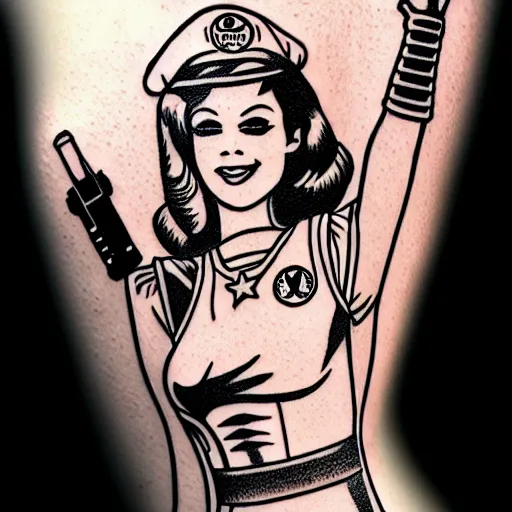 Image similar to photorealistic old school, traditional style tattoo sketch of most beautiful redhead pinup girl, full body portrait in space holding a lazer pistol and sitting on a rocket drawn by sailor jerry, vic james, electric martina, heath clifford, kimi vera