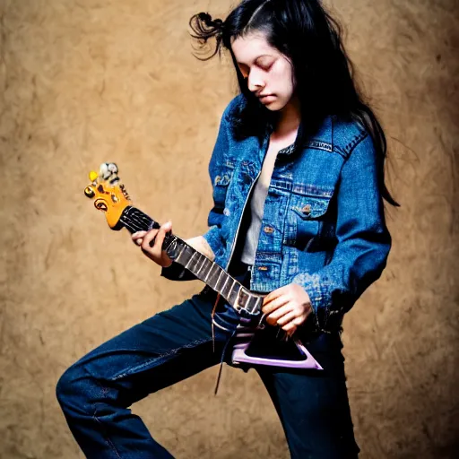Image similar to 19-year-old girl with long shaggy black hair, wearing denim jacket and bell-bell-bottom jeans, playing electric guitar, stoner metal concert, heavy blues rock, doom metal, 30mm photography