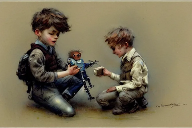 Image similar to ( ( ( ( ( 1 9 5 0 s boy and his small pet robot. muted colors. ) ) ) ) ) by jean - baptiste monge!!!!!!!!!!!!!!!!!!!!!!!!!!!