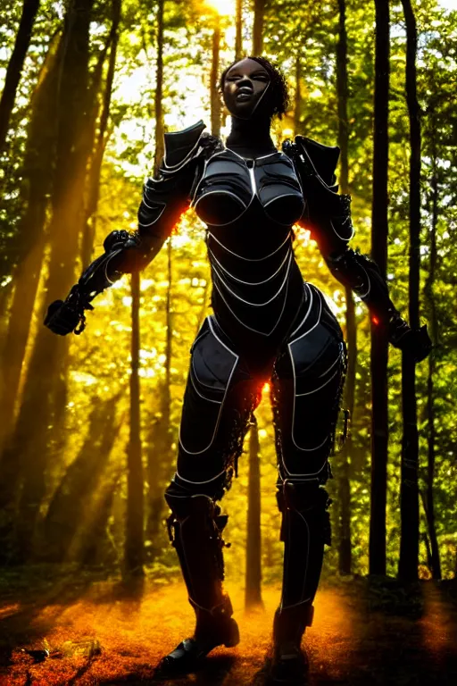 Prompt: hyperrealistic long shot mithra gorgeous black woman intricate exoskeleton armor in a forest sun behind her concept art eric zener elson peter cinematic orange light low angle hd 8k sharp rack focus