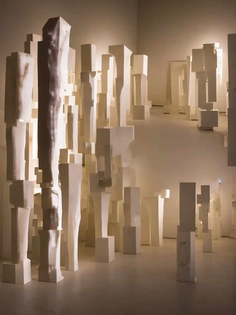 Prompt: a perfect artistic photograph of a sculpture called the valley of repentance, an alabaster marvel of levitating fractal cuboids linked by human bones. spatters of rainbow impasto paint, and mounted in a venetian gallery. perfect focus and gallery lighting.