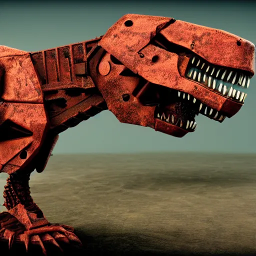 Image similar to a t-rex with rusty metal gears place on its articulations, the gears match the articulation, octane render, 3D