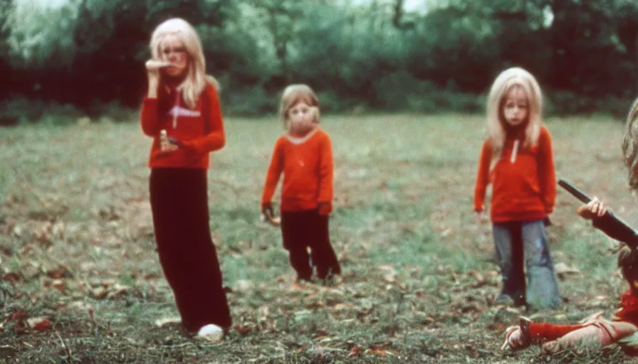 Prompt: 7 0 s film still from a horror movie about children playing with knives and guns, kodachrome, cinecolor, cinestill, film grain, film texture, retro, cinematic, high resolution, photorealism,