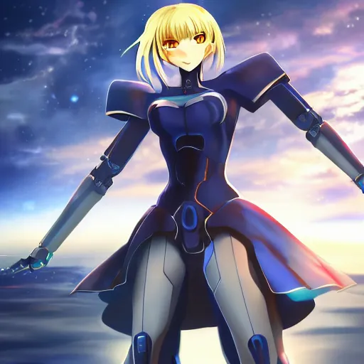 Image similar to beautiful and gorgeous full body image of saber from fate / stay night anime as a sci fi robot, high details, high resolution, noise filtered, artstation, 4 k, highly detailed, high quality, drawn by anime