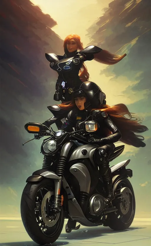 Image similar to Police female riding yamaha motorcycle, sci-fi, highly detailed, digital painting, artstation, concept art, smooth, sharp focus, illustration, art by artgerm and greg rutkowski and alphonse mucha