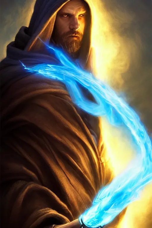 Image similar to Front portrait of a hooded mage hold a blue fire, full body, fine art, awesome fantasy book cover on Pinterest, award winning, dark fantasy landscape, fantasy magic, intricate, elegant, sharp focus, cinematic lighting, highly detailed, digital painting, concept art, art by WLOP and Artgerm and Greg Rutkowski, masterpiece, trending on artstation, 8K
