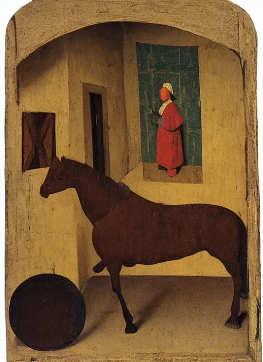 Image similar to wooden toy of a horse, medieval painting by jan van eyck, johannes vermeer, florence