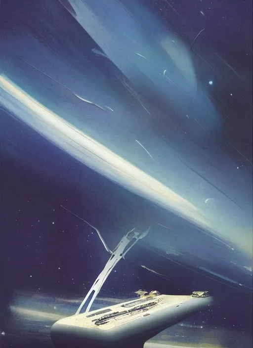 Image similar to understated. distant. negative space dominant. vast. empty. spacious bg. minimalistic piece. simplified environment. lonely cosmos. single ship as main subject. masterpiece book cover illustration by the great famous sci - fi artist john berkey.