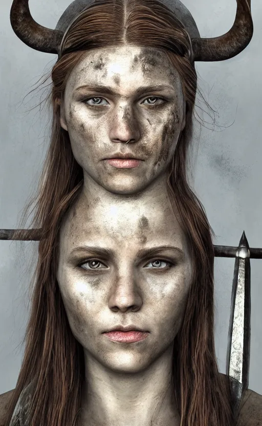 Prompt: photorealistic 3/4 portrait of beautiful female viking warrior with large sad gray eyes, dirty skin