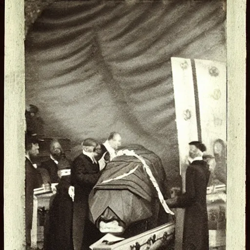 Prompt: Putin lies in a coffin. Daguerrotype