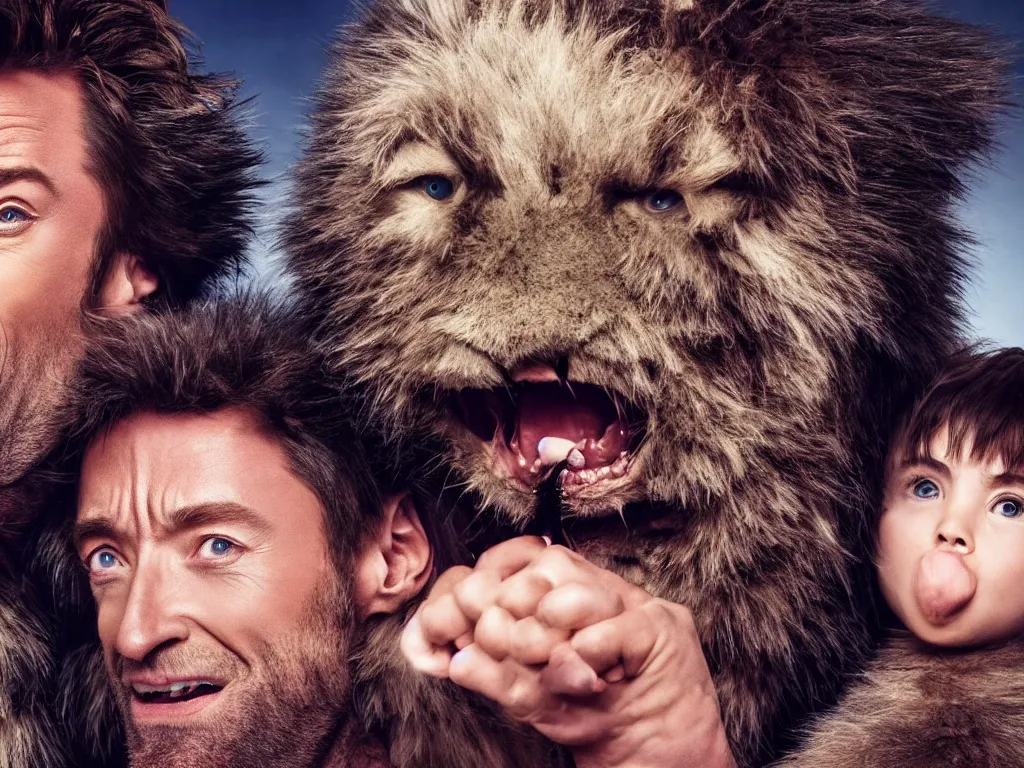 Image similar to Hugh Jackman and Fluffy Furry monster, making silly faces from a stage, movie still, studio lighting, 4k, 8k, high resolution