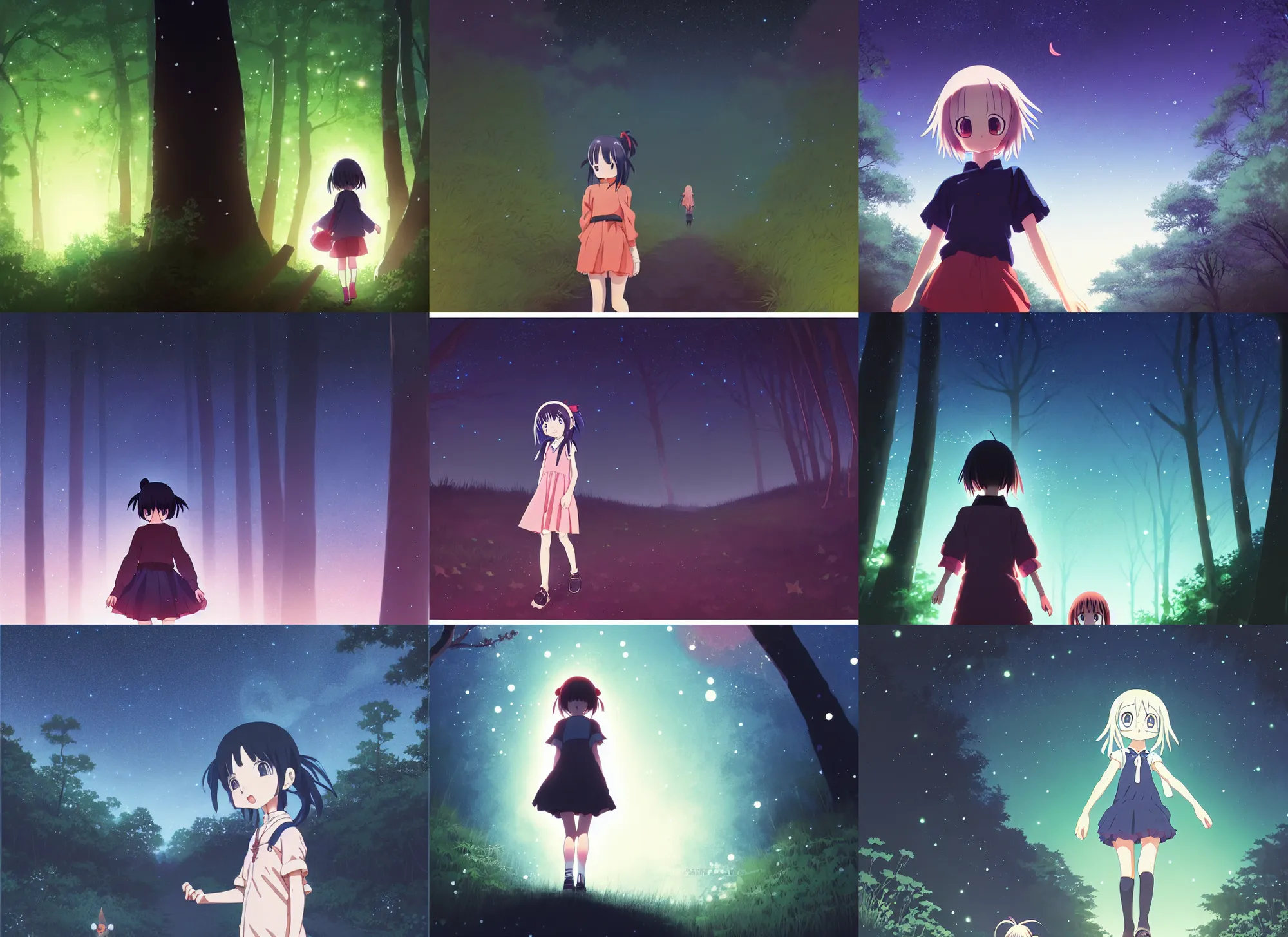 Prompt: anime visual, portrait of a curious girl walking in a forest at night, night sky, very dark, ncute face by mamoru hosoda, ilya kuvshinov, yoh yoshinari, dynamic pose, dynamic perspective, rounded eyes, kyoani, smooth facial features, dramatic lighting