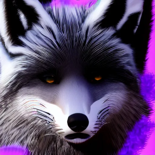 Image similar to second life game screenshot close up of a fluffy black fox with pretty purple eyes