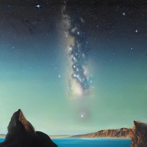 Prompt: an oil painting of a rock floating in space surrounded by the view of the milky way