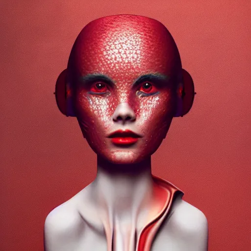 Prompt: 3 d, close - up, smiling fashion model face, cinematic, red mood, clouds, vogue cover style, dystopian art, poster art, futuristic, fantasy art, metaphysical painting, by guillermo del toro and james jean and david diao
