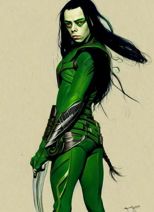 Image similar to Billie Eilish as Female Loki, very detailed, digital art, trending on artstation, fan art, concept art, smooth, illustration, art by Katsuhiro Otomo and Geof Darrow and Phil hale and Ashley wood