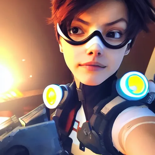 Prompt: tracer from overwatch smartphone selfie