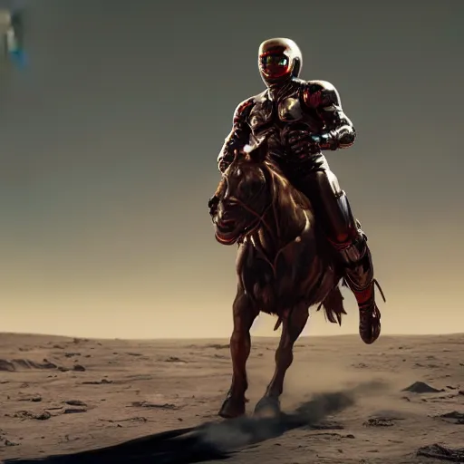 Image similar to A hyper real comic book style portait painting of the Terminator riding a horse on the moon, unreal 5, hyperrealistic, octane render, cosplay, RPG portrait, dynamic lighting