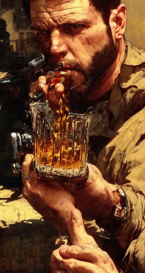 Prompt: close up of bloodied max payne pouring whisky, sun shining, photo realistic illustration by greg rutkowski, thomas kindkade, alphonse mucha, loish, norman rockwell.