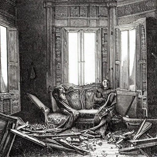 Prompt: living room of an abandonded house, illustration by Gustav Doré