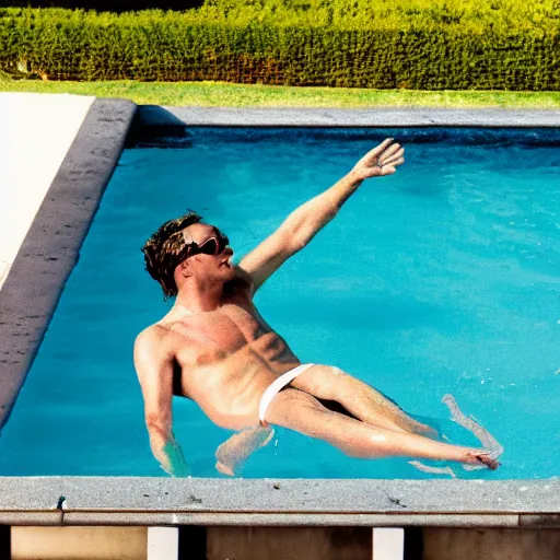 Image similar to joe floating in the pool in sunset boulevard cinematic 3 5 mm 8 k realistic