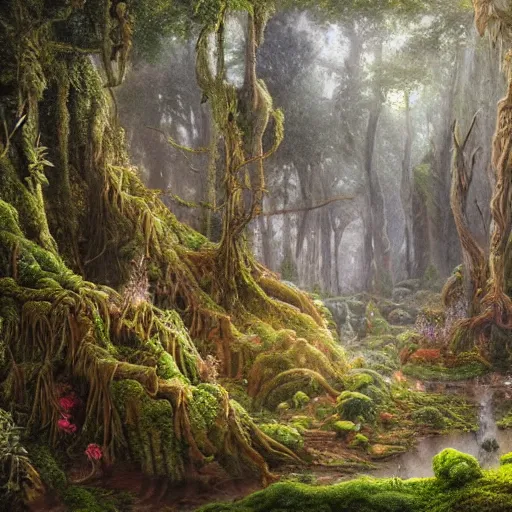 Image similar to a beautiful and highly detailed oil painting of an overgrown elven forest temple in the misty mountains, detailed plants and trees and flowers, intricate details, epic scale, insanely complex, 8 k, sharp focus, hyperrealism, fantasy landscape, psychedelic patterns, by caspar friedrich and james gurney,