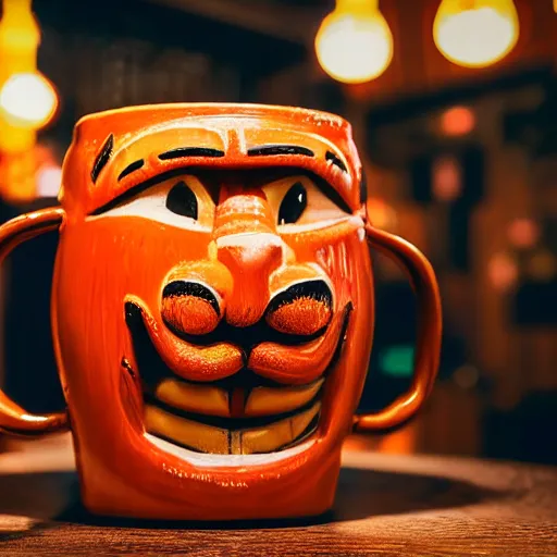 Image similar to a closeup photorealistic photograph of an orange cat garfield style tiki mug at a trader vic's bar featuring garfield's face. tiki theme. bright scene. fine detail. this 4 k hd image is trending on artstation, featured on behance, well - rendered, extra crisp, features intricate detail, epic composition and the style of unreal engine.