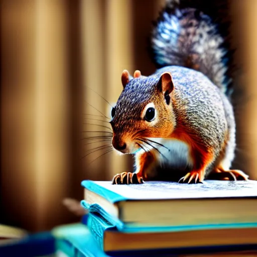 Prompt: photo - realistic picture of a squirrel holding a pen on top of a stack of books