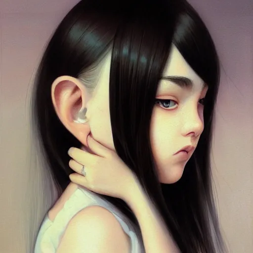 Image similar to a painting of cute emo girl, with long dark hair, thick eyebrows, dark eyes and dark circles wide nose, big eyes, oval face, big cheeks holding her cat, photorealistic painting by tran nguyen ilya kuvshinov and greg rutkowski featured on deviantart, detailed painting