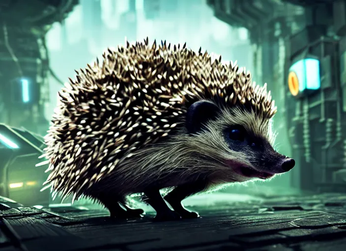 Image similar to portrait of a intricate hedgehog cyborg, on the background of a weird magical mechanical forest. Very detailed 8k. Fantasy cyberpunk horror. Sharp. Cinematic post-processing. Unreal engine. Nanite. Ray tracing. Parallax. Tessellation