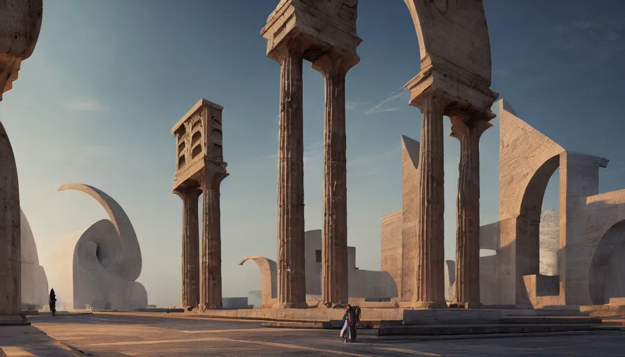 Image similar to monuments with greek motifs, by tim blandin and arthur haas and bruce pennington and john schoenherr, big windows architecture by zaha hadid, octane render, cinematic, scenery, cgsociety, modernism, futuristic, trending on artstation, sci - fi, high detail, high quality, close up angle, people walking