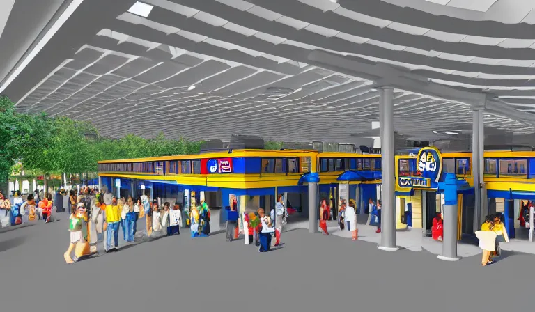 Prompt: Legoland train station interior platform, architectural render