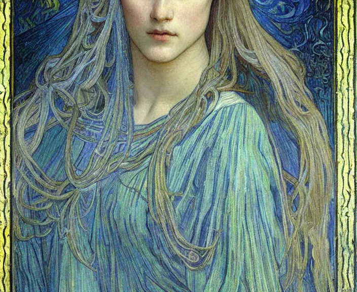 Image similar to detailed realistic beautiful young medieval queen face portrait by jean delville, alphonse mucha, vincent van gogh, and marco mazzoni, art nouveau, symbolist, visionary, gothic, pre - raphaelite