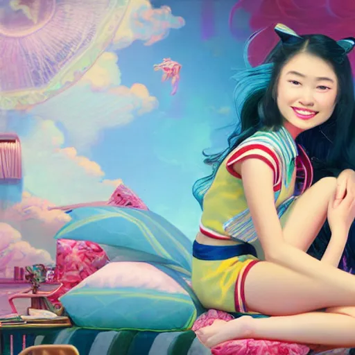 Prompt: young cute asian woman with flowing hair dressed in a sailor fuku sitting on bed, she is smiling, rendered in octane, photorealism, by Ansel Adams David Suh Lisa Frank Peter Mohrbacher Artgerm