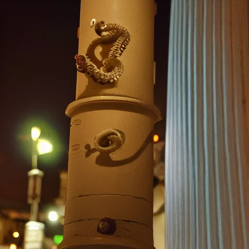 Prompt: photograph of an octopus hiding behind a lamp post at night