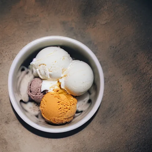 Image similar to ice cream and cereal bowl, yum, photograph, 30mm photography