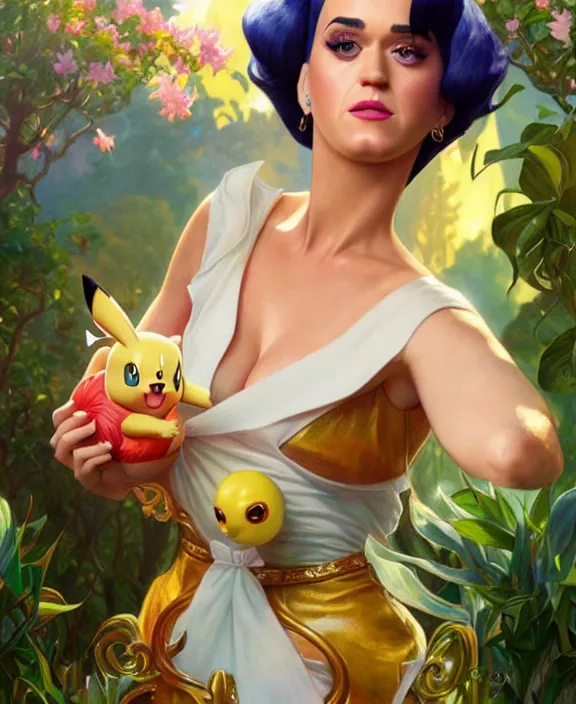 Image similar to katy perry as a character in pokemon, mottled coloring, adorable, childlike, pastoral environment, ultra realistic, concept art, art nouveau, photorealistic, octane render, 8 k, unreal engine. art by christopher marley and artgerm and greg rutkowski and alphonse mucha