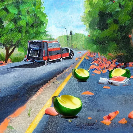 Image similar to avocado truck accident, people picking avocados from the road, highly detailed photograph