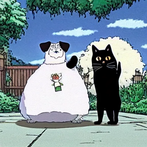 Image similar to a black cat wearing a white wedding dress and a pug dog in a tux, Miyazaki, studio ghibli